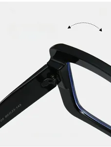 Macro view of durable metal hinges and size specs on oversized thick square eyewear frames