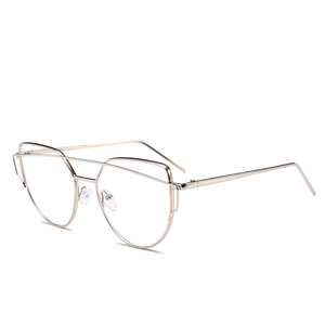 Detail of geometric cat-eye metal glasses frame with a double bridge and slim temples