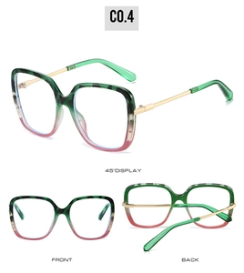 Detailed views of square gradient green and pink eyeglass frames with gold metal temples