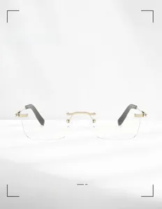 Detail of 2025 rimless blue light blocking glasses with gold metal bridge and hinges