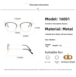 Detailed size chart for metal half-frame glasses model 16001 with full dimensions