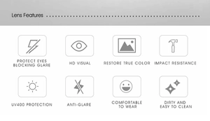 Detail showing UV400 protection, anti-glare, and HD visual features for rimless glasses