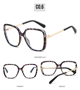 Three-way view of purple marble square eyeglass frames with gold metal temples
