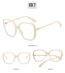 Three angles of chic apricot square anti-blue light glasses with gold metal temples