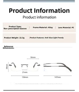 Detailed size specifications for rimless anti-blue light glasses with alloy frame