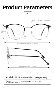 Technical dimensions of model 1924 semi-rimless photochromic metal frame glasses