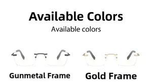 Detail view of rimless eyeglass frames in gunmetal and gold colors with metal temples