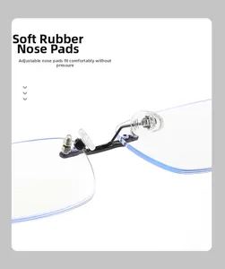 Detail of soft silicone nose pads and metal bridge on rimless blue light glasses
