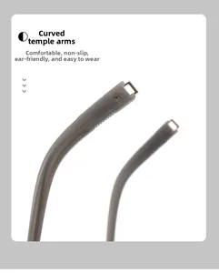 Close-up of curved anti-slip eyewear temple tips with gold metal reinforcement