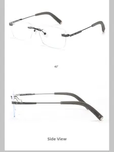Detail view of rimless rectangular glasses showing side temple and 45-degree angle