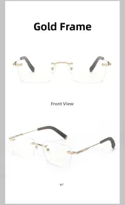 Front and 45-degree views of rimless anti-blue light glasses with gold metal temples