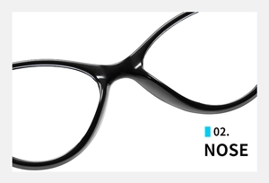 Detail of integrated nose pads and bridge on glossy black cat-eye glasses frame