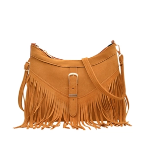 Bohemian tan suede tote bag with fringe tassels and metallic buckle on white background