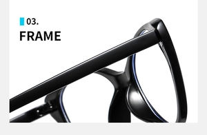 Detailed macro view of the glossy black frame hinge and temple of cat eye glasses