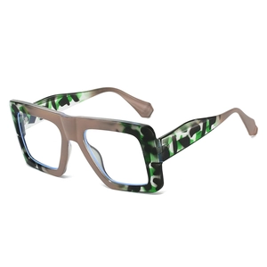 Chic oversized square blue light blocking glasses with green camouflage and taupe frame