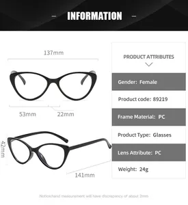 Size guide for cat-eye glasses frame with 137mm width and 141mm temple length