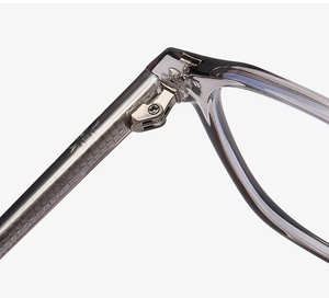 Macro view of eyeglasses hinge with silver metal screws and CE mark on the grey frame