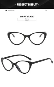 Detailed close-up of shiny black cat-eye glasses frame with sleek retro curves