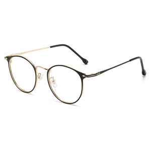 Classic retro round frame eyeglasses in black and gold finish at 45-degree angle view