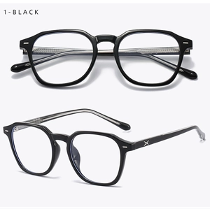 Detail view of black retro glasses frame with metal X-shaped temple accent for small faces