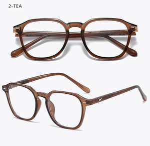 Macro detail of tea-colored translucent eyewear frame with silver hinges and CE certification