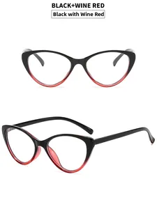 Detail view showing cat-eye glasses frame with black and wine red gradient finish