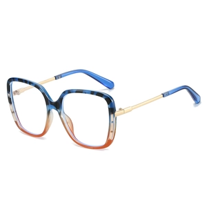 Stylish square blue light blocking glasses with blue leopard print and orange gradient frames