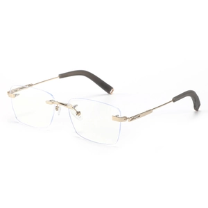 Minimalist rimless gold metal eyeglasses with blue light blocking lenses in 45-degree view