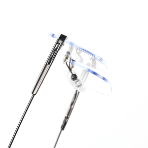 Frameless blue light blocking glasses with gunmetal metal hinges and sleek temples