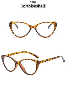 Tortoiseshell cat eye glasses frames with blue light lenses shown from two angles