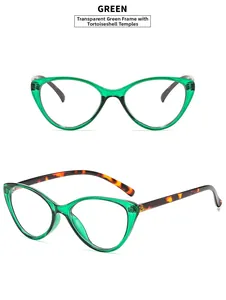 Detailed view of cat eye glasses with transparent green frame and patterned temples