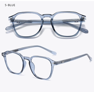 Detail view of transparent blue glasses frames with internal metal reinforced core