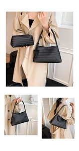 Close-up of black woven leather handbag set with luxury texture for women's casual style