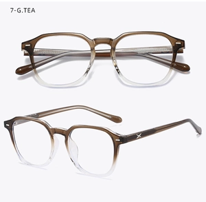 Detailed side view of tea gradient glasses frame with distinct metal X hinge design