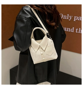 Unique white shirt-collar crossbody bag with decorative lapel buttons and shoulder strap