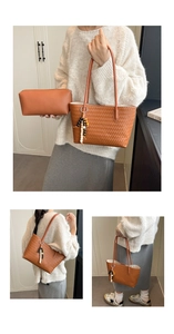 Detailed view of brown woven tote bag set with matching pouch and beaded strap detail