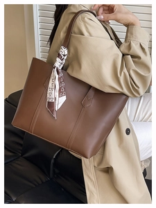 Brown large capacity PU leather tote bag with printed silk scarf detail and vertical stitching