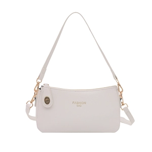 White faux leather crossbody bag with FASHION BAG print and adjustable strap on white background