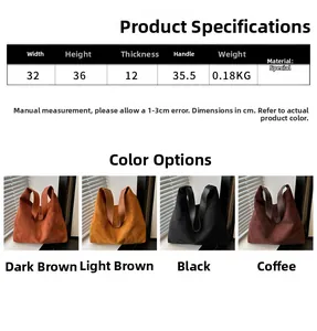 Size chart and multi-color options of the large suede tote bag with dimensions shown