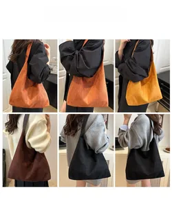Collage of model wearing oversized suede hobo bags in various autumn colors and styles