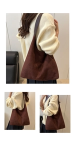Three lifestyle views of a dark brown suede hobo bag worn by a model in casual knitwear