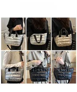Detailed views of multi-color quilted puffer tote bag with adjustable shoulder straps