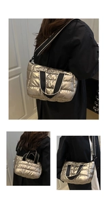 Detailed views of champagne gold quilted tote bag with adjustable shoulder straps and handles