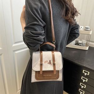 Retro contrast small square bag in cream and brown with cat print and shoulder strap