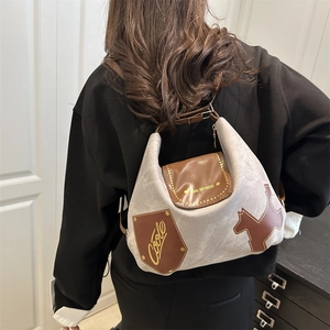 Borsa tote vintage in pelle patchwork grigia e marrone con motivo a cane e tracolla