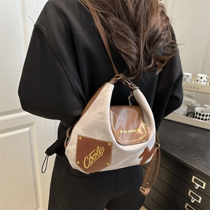 Borsa tote minimalista in tela con finiture in pelle PU marrone vista dalla prospettiva posteriore