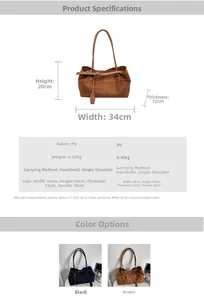 Detailed size chart and specifications for the large vintage brown PU tote bag