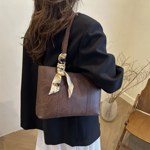 Retro brown leather tote bag with silk scarf accessory for women office and daily wear