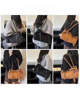 Six views of a large minimalist tote bag in black and brown styles worn by a model