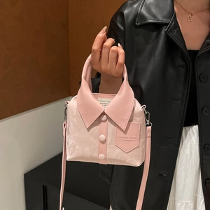 Chic pink shirt-shaped leather crossbody bag with collar detail and top handle for women